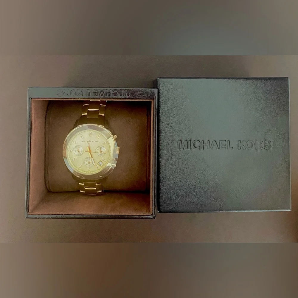 🎁 NIB MICHAEL KORS GOLD TONE CRYSTAL DIAL CHRONO DATE‎ WATCH MK5132